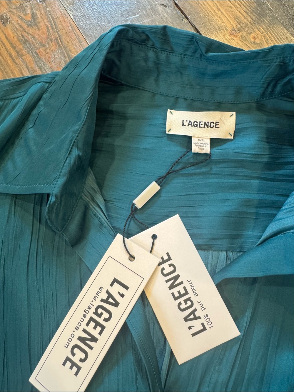 L'AGENCE Teal Pleated Silk-Blend Shirt